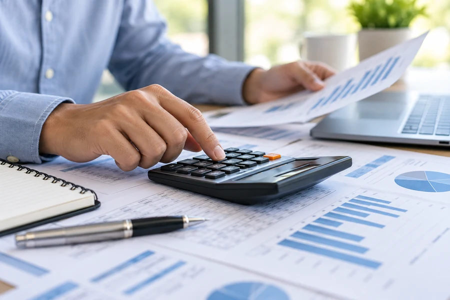 Planejamento financeiro com calculadora e documentos