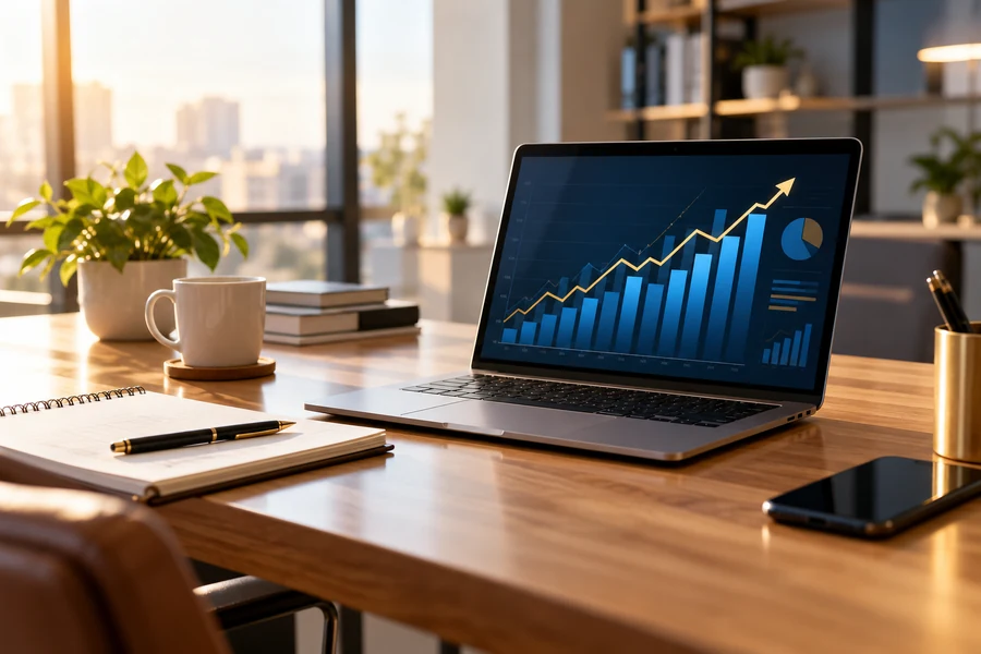 Notebook com gráfico de desempenho empresarial